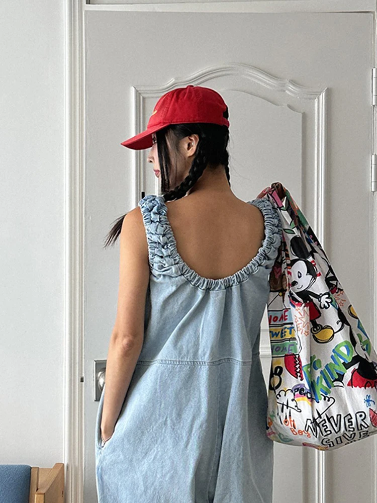 Chic ฤดูร้อนใหม่ขนาดเล็กเสื้อกั๊ก DENIM Jumpsuit ผู้หญิงหลวมสบายๆกางเกงขากว้างยาวกางเกงเอวสูงขากว้าง Jumpsuit