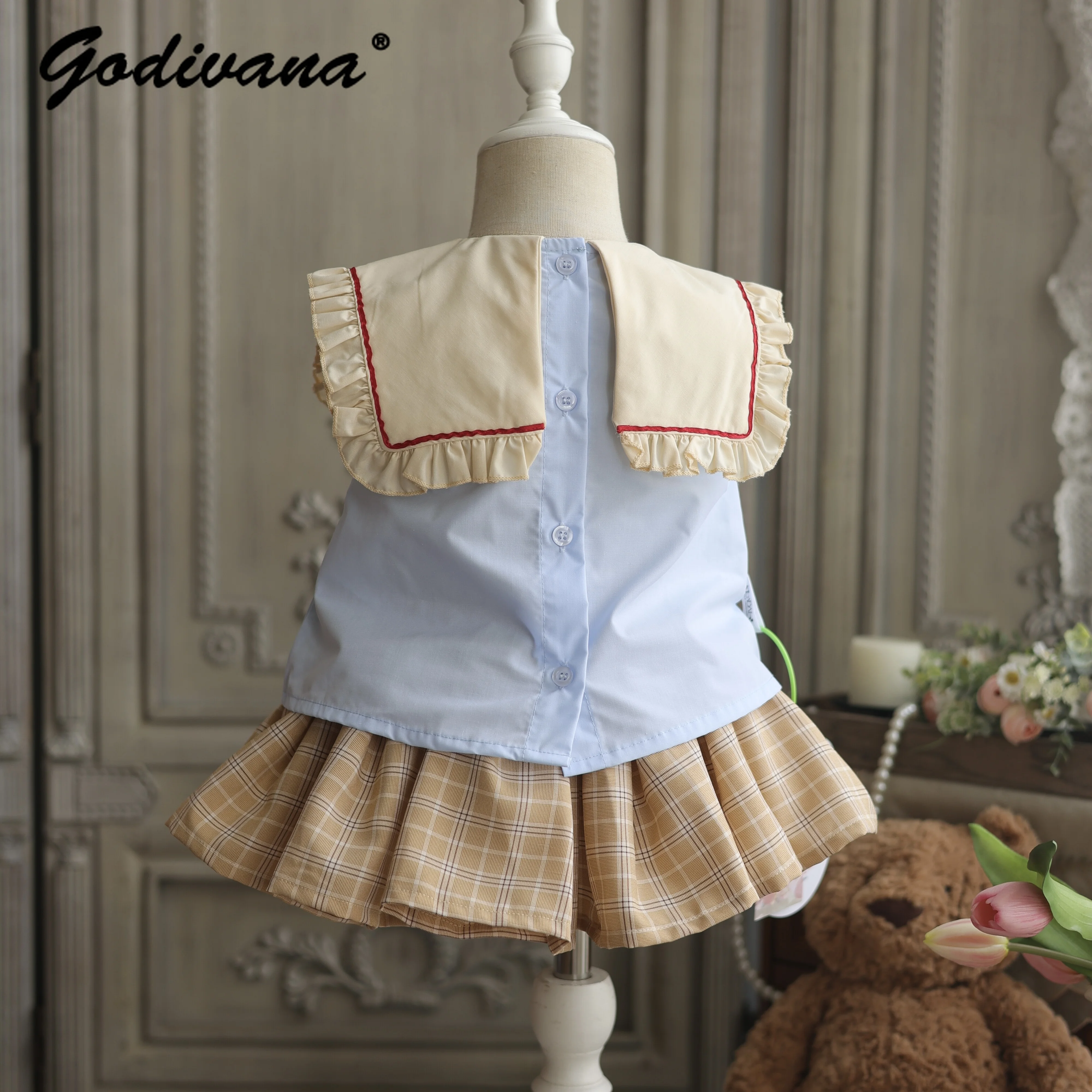 Original Sweet Cute Baby Girls Cartoon Bear Print Jk 2pcs Outfit 2026 Summer New Fashion Kids Sleeveless Blouse and Plaid Skirt
