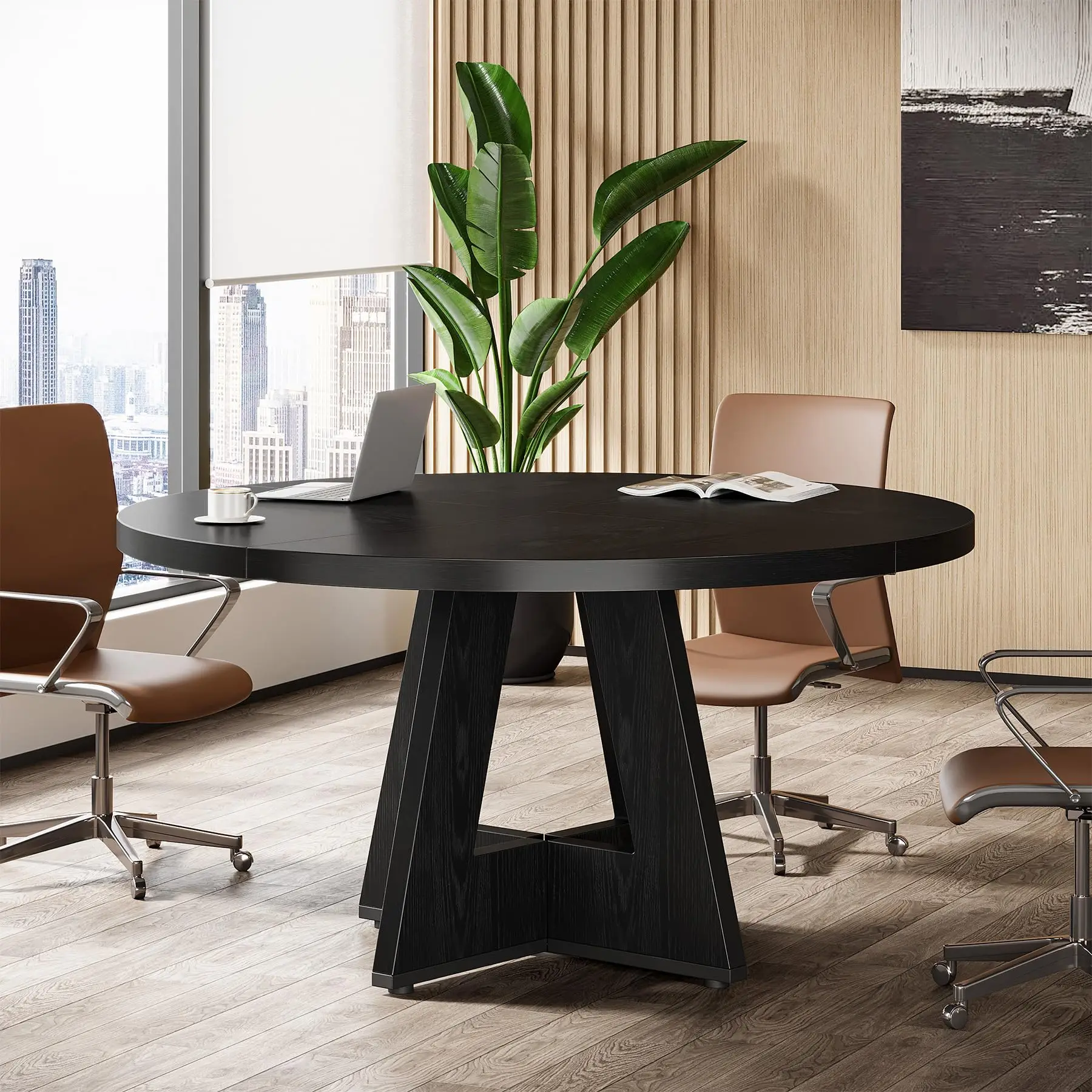 47-Inch Round Conference Table for 4-6 People, Wooden Meeting Room Table with Thicken Tabletop and Wood Base (Black)