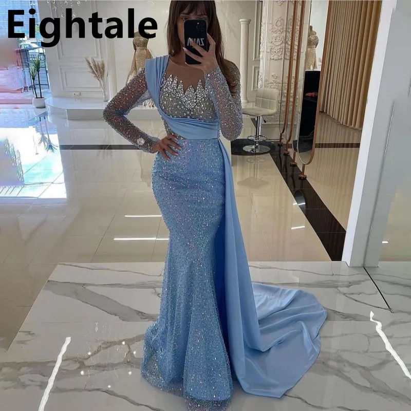 Eightale Customized Sky Blue Shinning Sequins Mermaid Long Sleeve Prom Dress Beaded Evening Dress Women Formal Party Gown