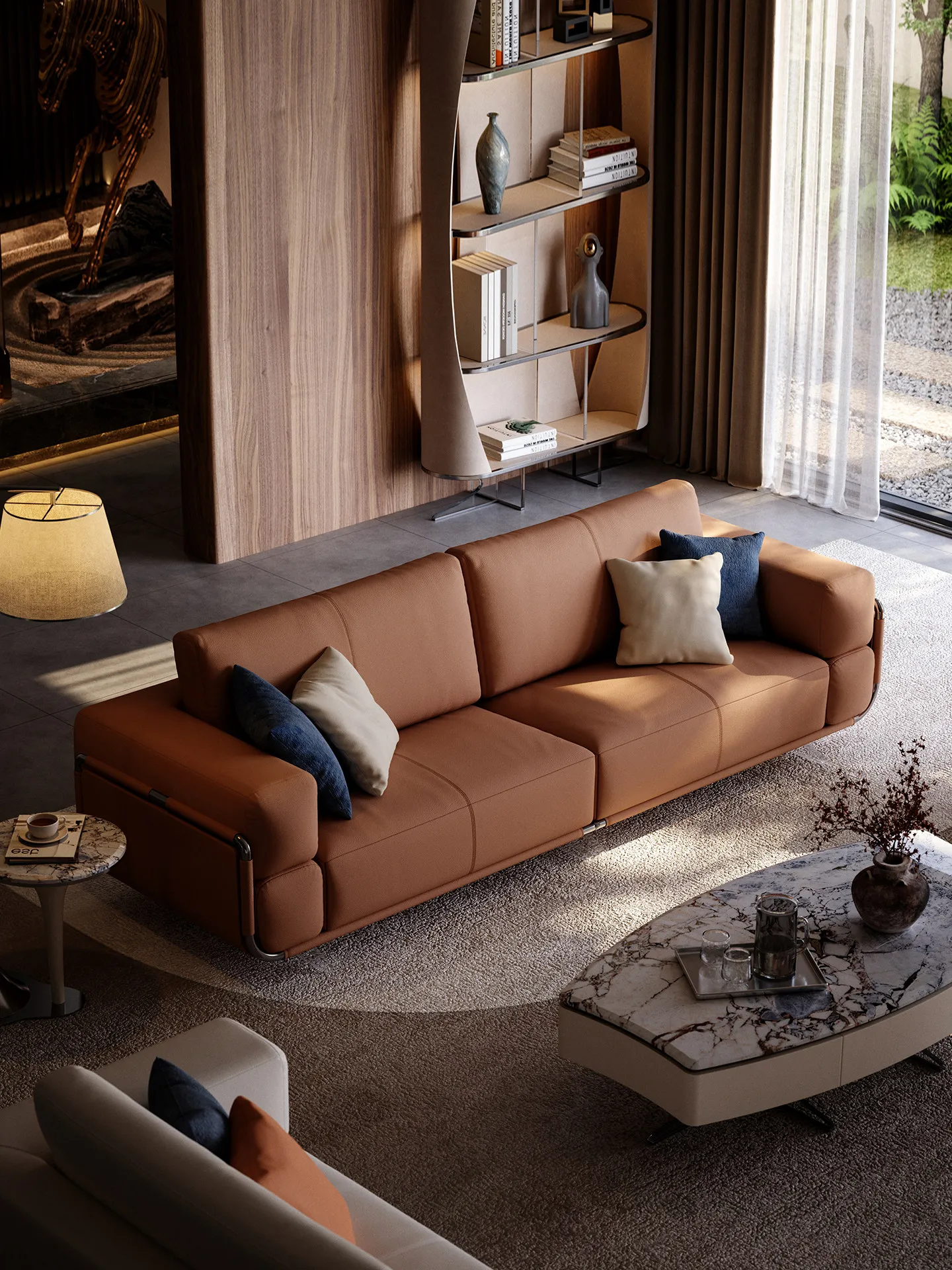 Italian All-leather Sofa, Family Living Room Straight Row Four People, High Backrest Large Apartment