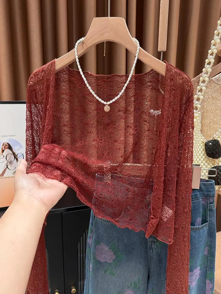 

Elegant Red Ice Silk Lace Hollow out Sun Protection Cardigan Women's Summer Strap Dress Outer Shawl Thin Cover up