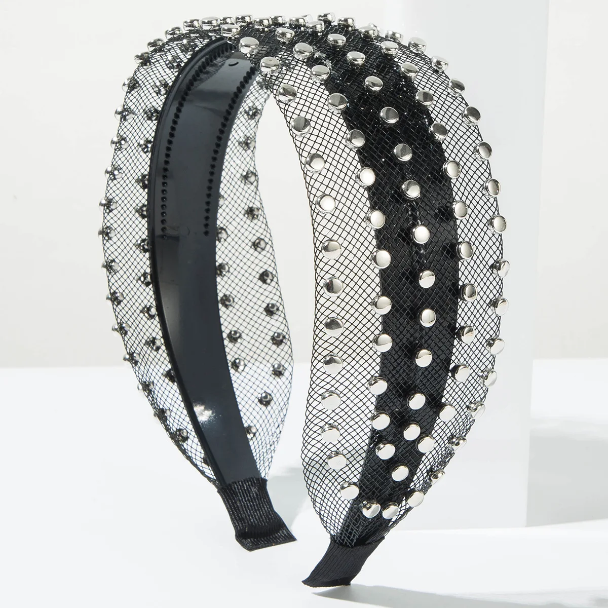 Women Mesh Rhinestone Headband Studded Silver Rivet Hair Hoop Transparent Net Yarn Hair Band Fashion Party Hair Accessories