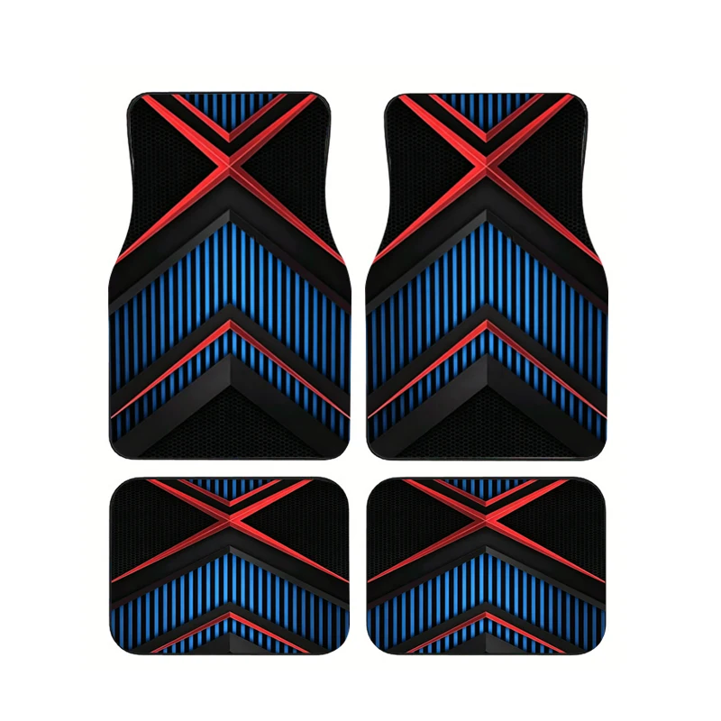 Tapis de sol de voiture à rayures en X bleu, rouge et noir, 4 pièces, futuristes, sportifs, en nid d'abeille, imperméables, en caoutchouc, pour SUV et camion