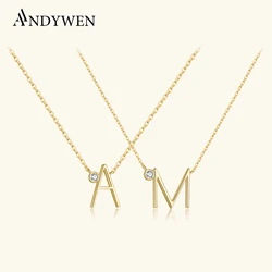 ANDYWEN 925 Sterling Silver Gold Leter A M Mini Sized Initial Necklace A B C Stone Monogram Pendant Jewelry Luxury Gift Women