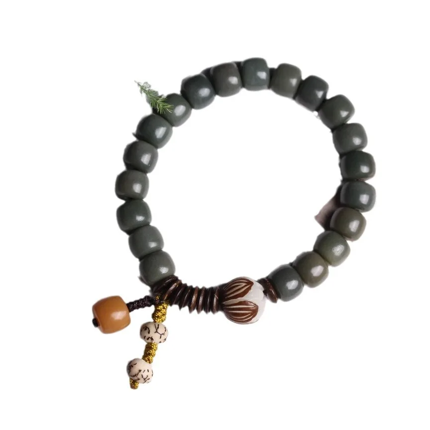 Weathered Green Bodhi Root Bracelet Unisex Barrel Bead Retro Single Loop Collectible Prayer Bead Jewelry