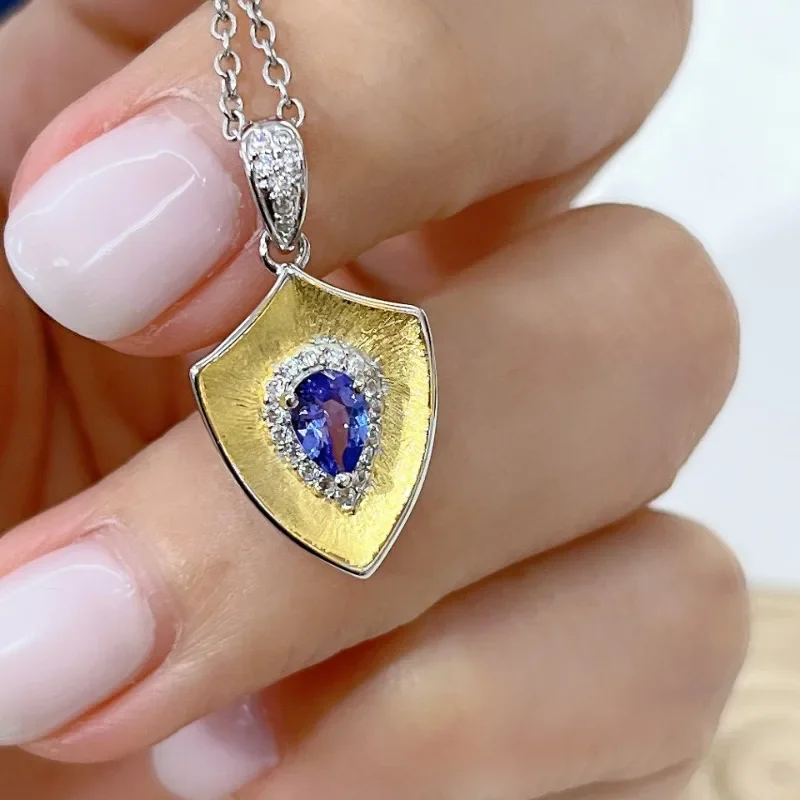 SACEGEMS Luxury 925 Sterling Silver 4*6MM Natual Tanzanite Pendant Necklaces for Womne Two Ways To Wear It Fine Jewelry Birthday