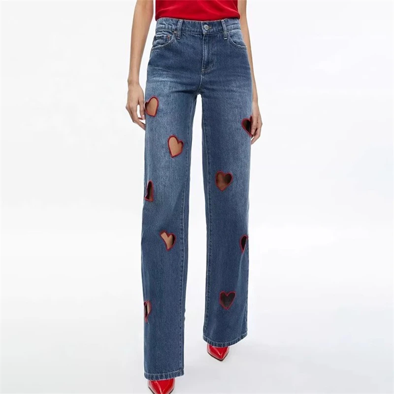 

Spring/summer new women's pure cotton washed love hollow embroidered denim pants y2k high quality fashion high street wide legs
