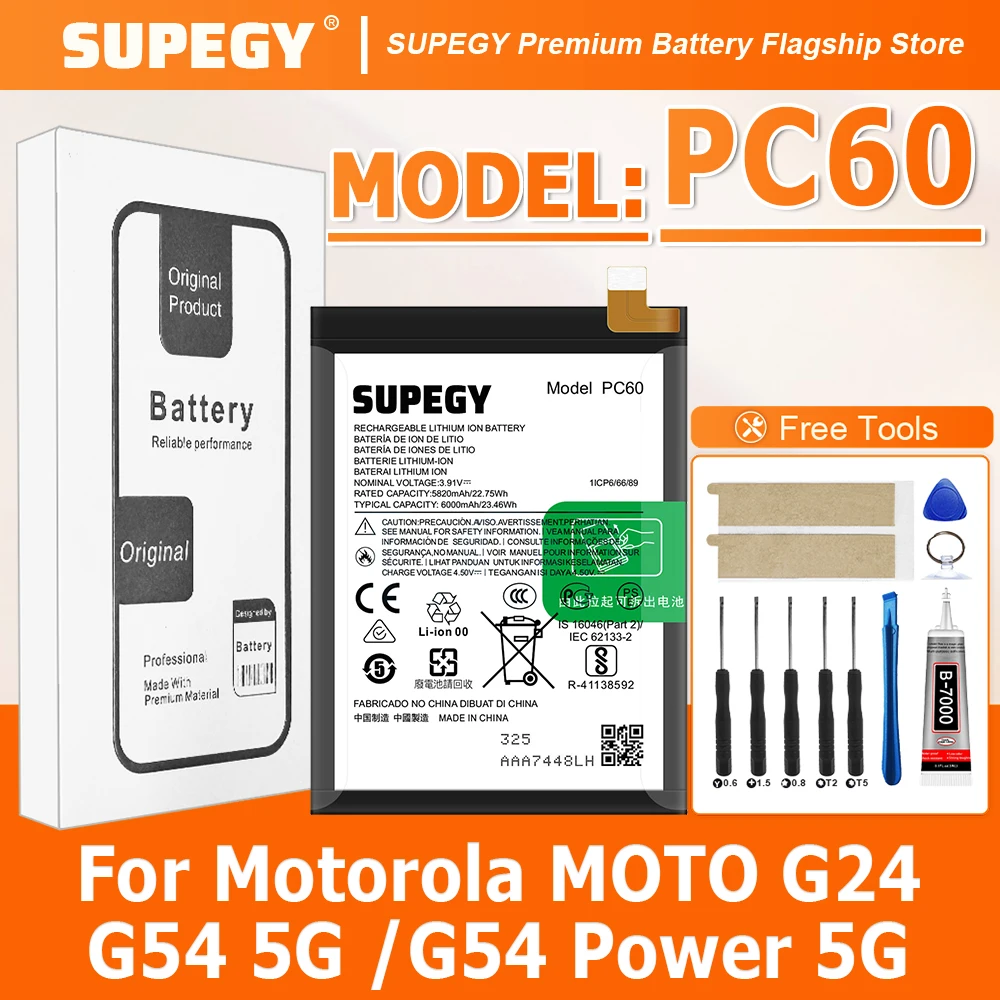 100% New High Quanlity PC60 6000mAh Battery For Motorola MOTO G24 G54 5G /G54 Power 5G phone Replacement Batteries Batteria
