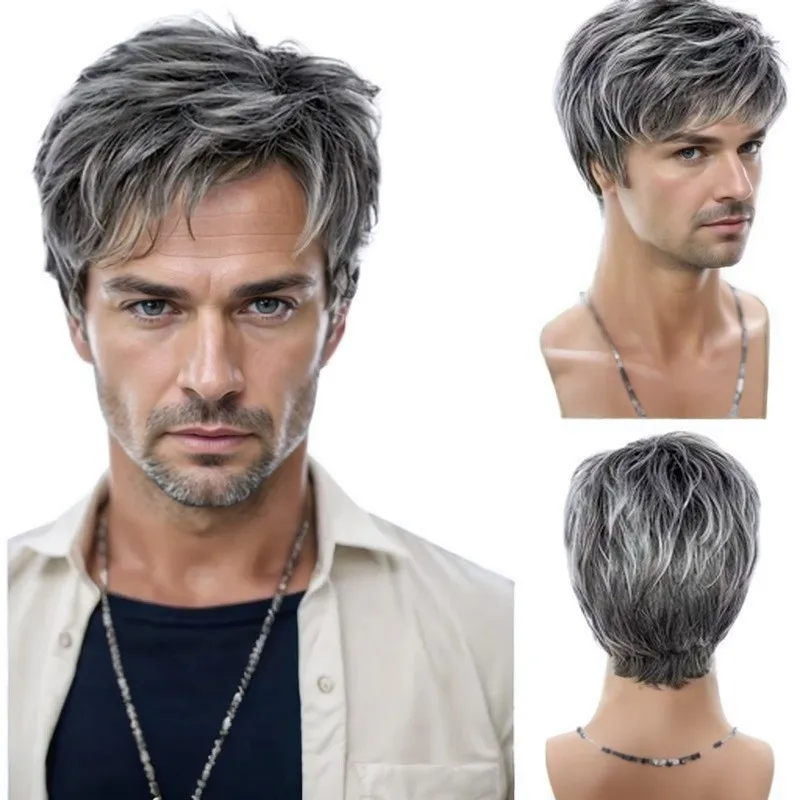 

Men's Grey and White Synthetic Wig - Natural Voluminous Short Hairstyle, Fashionable and Versatile Daily Hair Accessory