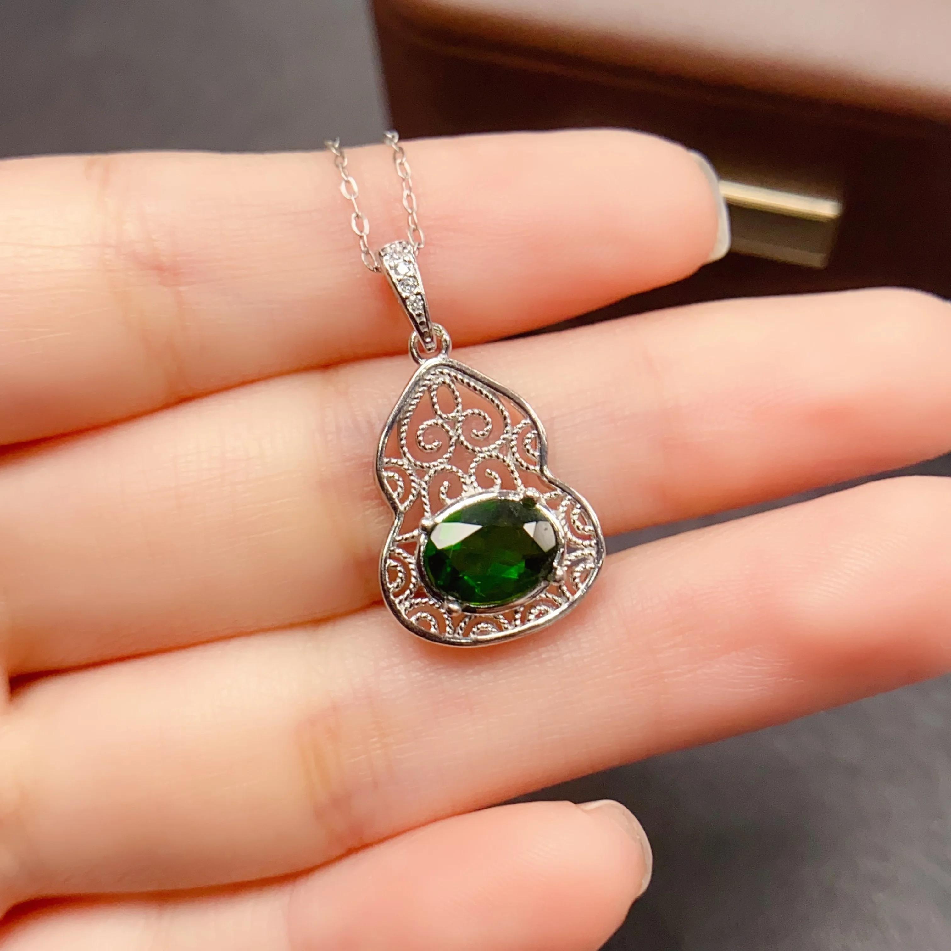 6*8mm Natural Diopside S925 Sterling Silver Calabash Pendant Necklace Fine Fashion Charm Weddings Jewelry for Women