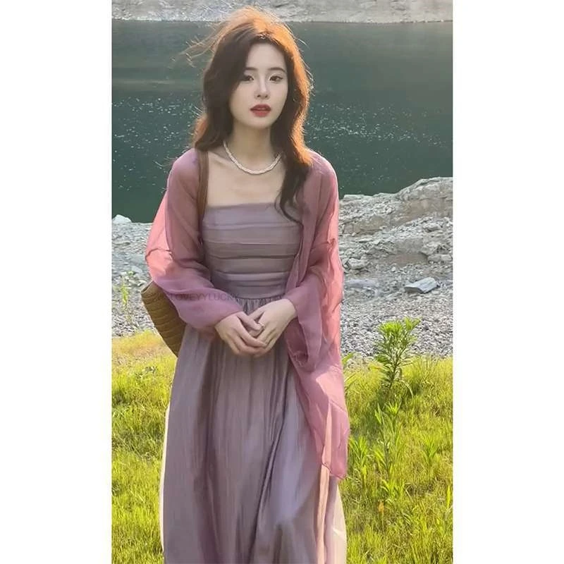 

Spring And Summer Chinese Song Dynasty Improved Hanfu Women Daily Cardigan Fairy Solid Color Purple Lady Hanfu Qipao Dress Set