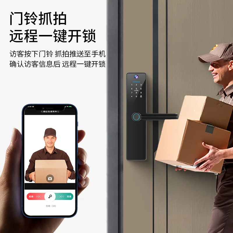 Smart Door Lock for Wooden Doors with Fingerprint Recognition Graffiti Cat Eye Design Remote Control RFID Card Access for