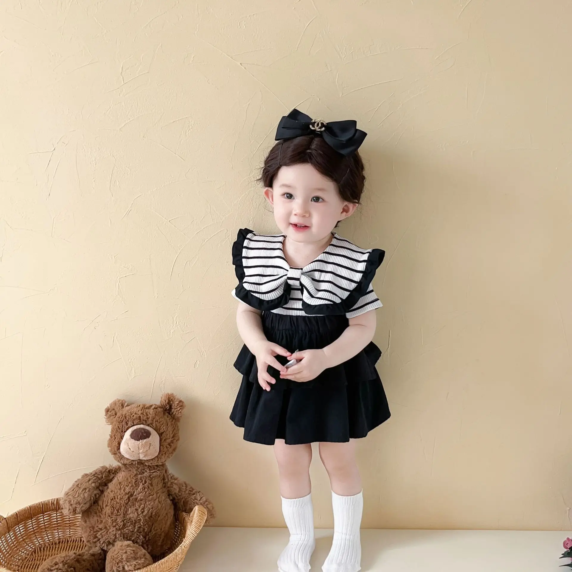 2025 Summer New Baby Striped Clothes Set Cute Infant Girl Short Sleeve Large Lapel Tops Toddler Princess Skirts Set Girls Outfit