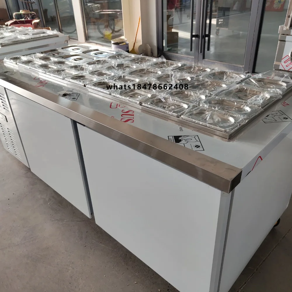 Factory Wholesale Commercial Salad Table Slotted Fresh-keeping Air Cooling Stainless Steel 201 2-Door Silver White Automatic