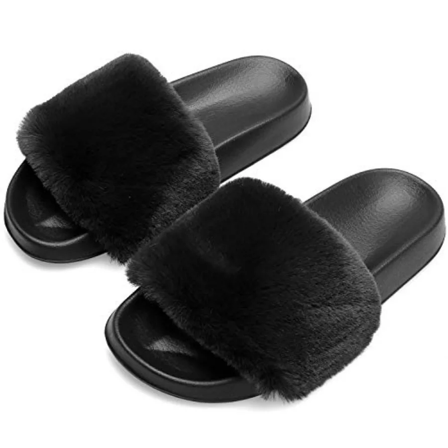 

Spesoul Womens Fuzzy Slides Open Toe Furry Slide Slippers Indoor Outdoor Slides Sandals Casual Flat Fluffy House Slippers