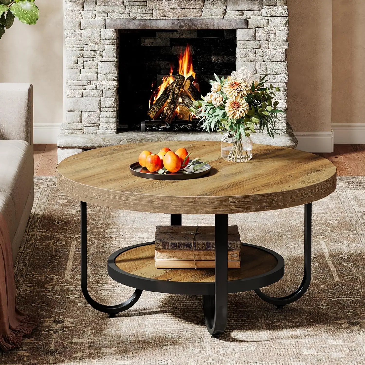 Round Coffee Table, 31.5 Modern Wood Circle Center Table with Storage Shelf and Metal Frame, 2-Tier Industrial Accent