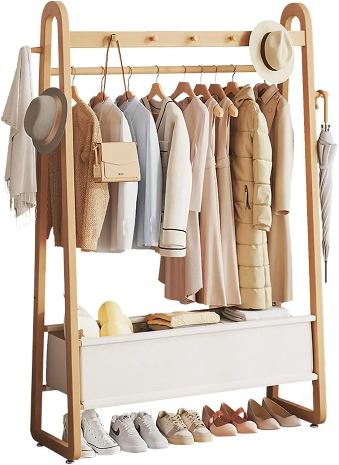 

Free Standing Bamboo Garment Rack Multi Functional Storage With Basket For Small Spaces Bedroom Closet Organization