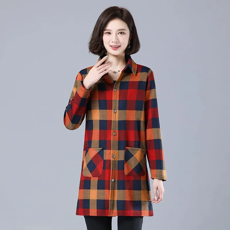 Autumn Winter New Pockets Patchwork Plaid Blouse Fleece Long Sleeve Polo Neck Loose Shirt Tops Casual Vintage Women Clothing