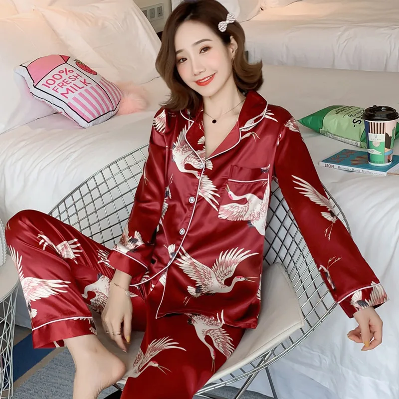 Women Silk Satin Pajamas Set Flower Print Sleepwear Suit Autumn Long Sleeves Pijama V-neck Lady Homewear Clothes Loungewear XXXL