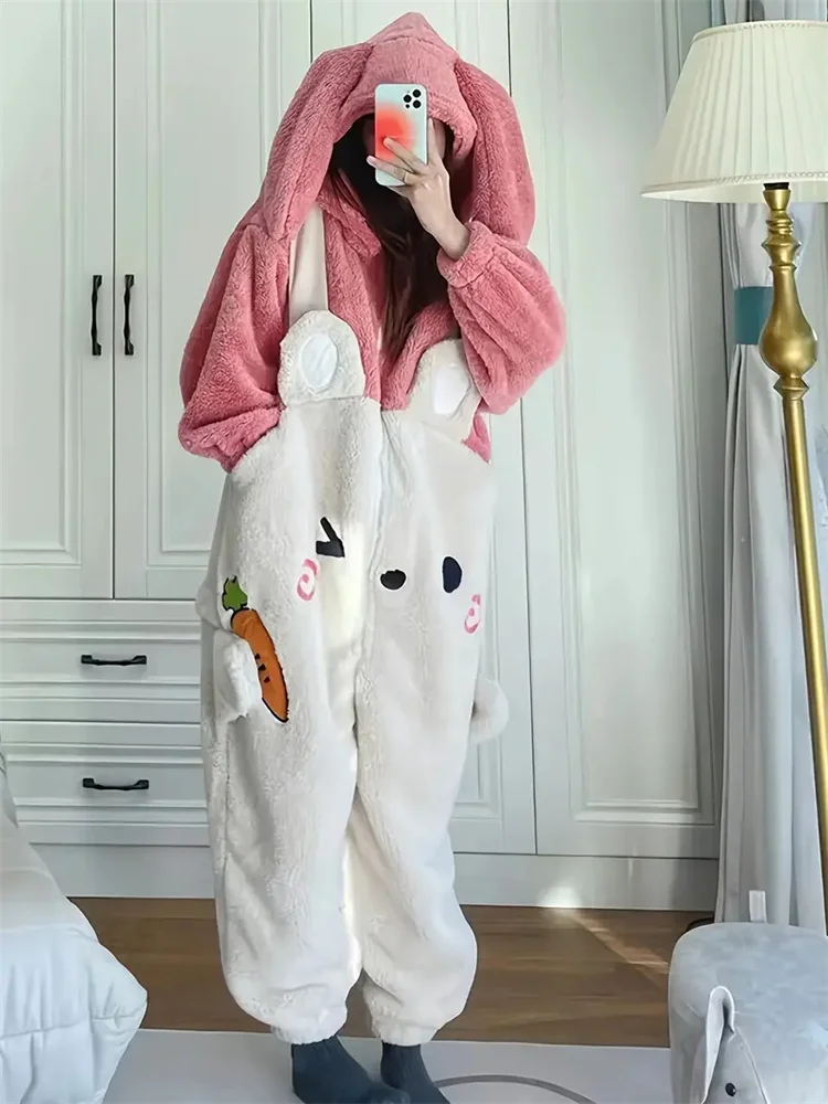 Winter Cute Bunny Plush Hooded Lounge Jumpsuit Long Sleeve Zip Up Jumpsui Women's Sleepwear Cartoon Loungewear Nightgown