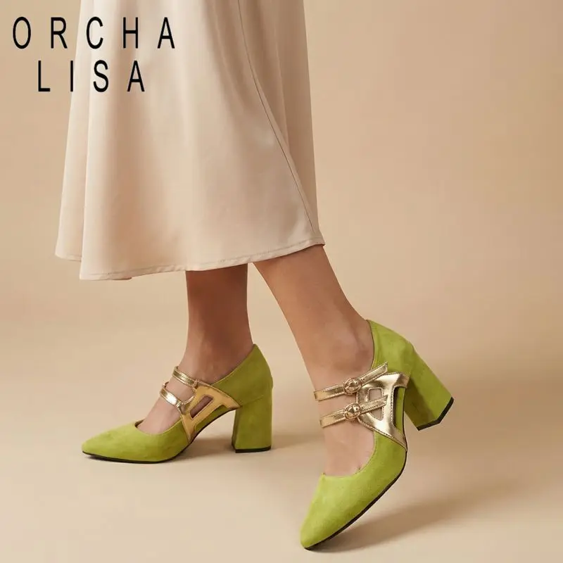 

ORCHALISA Горячая новинка: женские туфли-лодочки с острым носком, двойными ремешками с пряжками, разноцветные, на толстом каблуке 7,5 см, сексуальные туфли для свиданий, большие размеры 46, 47, 48