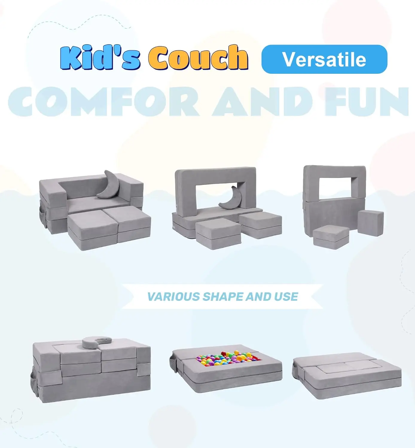 Sofá para niños, sillón de espuma para niños pequeños, juego de sofá de felpa convertible para niños, sofá cama plegable (gris)