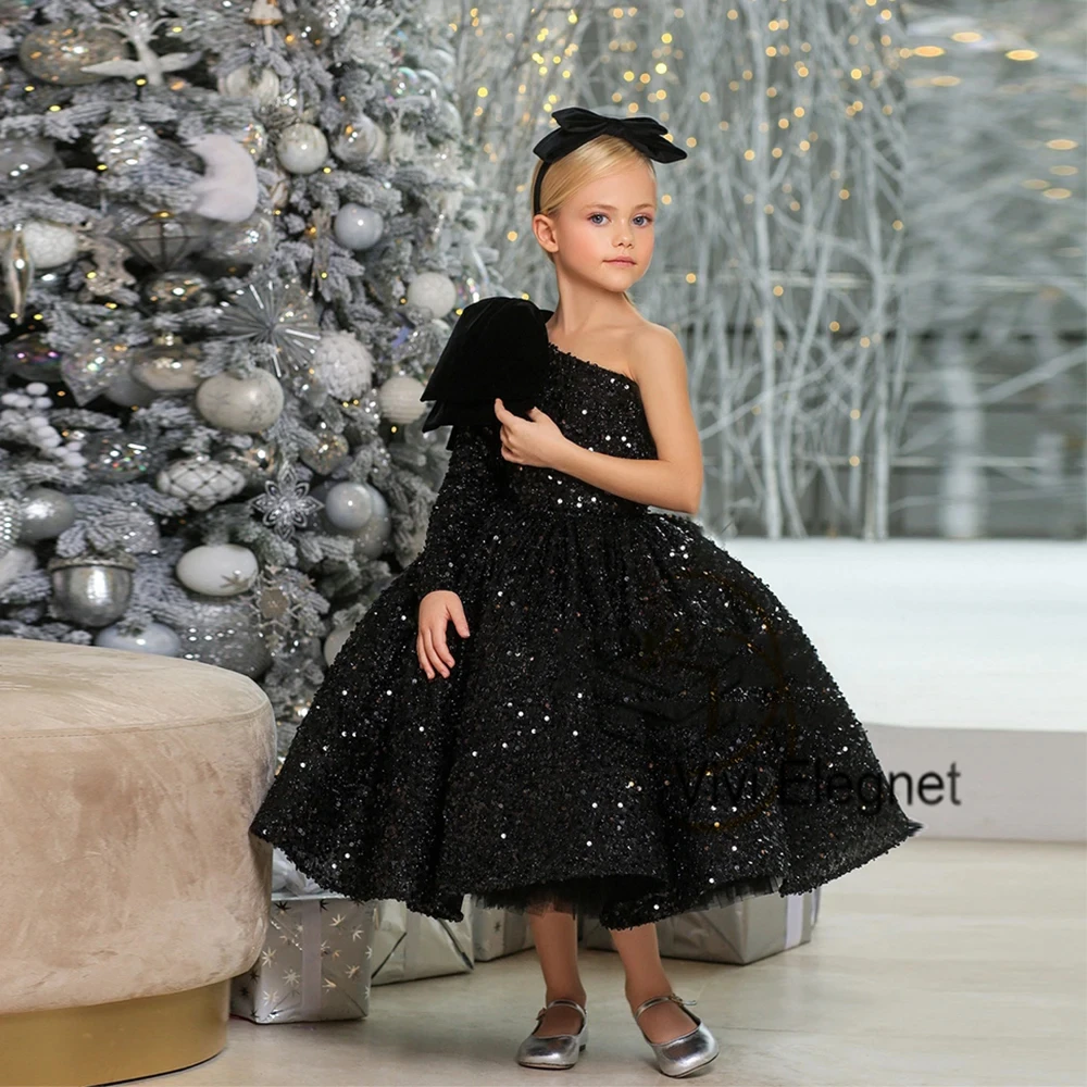 Robe noire à manches longues A-ligne Flower Girls pour enfants, longueur de thé à paillettes, Noël, quoi que ce soit avec un nœud, 2024 Nouveau