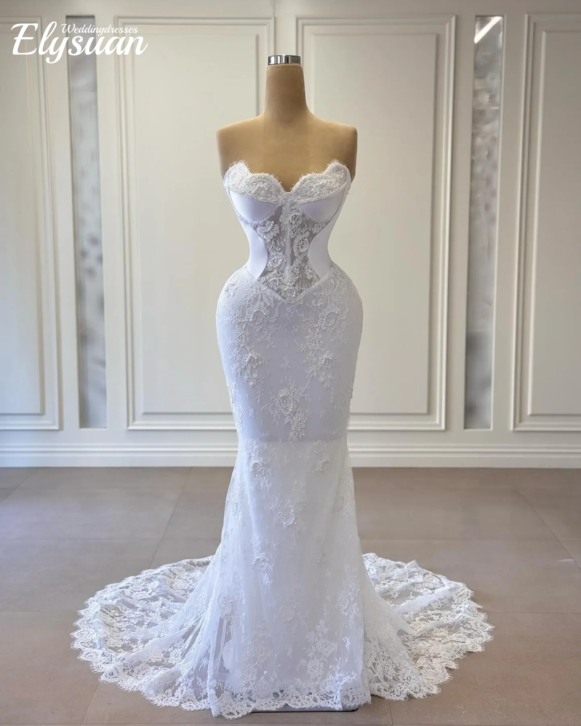 Customized Simple Mermaid Wedding Dress Strapless Sleeveless Bridal Gowns Pearls Lace Detachable Train Dresses Vestidos de Novia