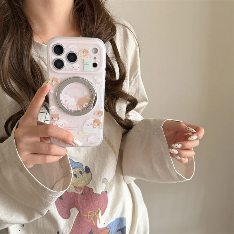 

New cute cartoon rabbit 360° Rotate Stand Cute Phone Case for iPhone 17 15 pro 16 Pro Max Cover Cartoon Shockproof Fundas