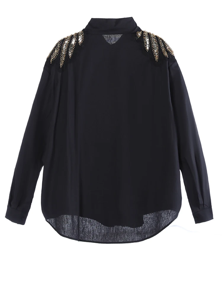 [EAM] Women Black Sequins Wings Big Size Casual Blouse New Lapel Long Sleeve Shirt Fashion Tide Spring Autumn 2025 1DH9411