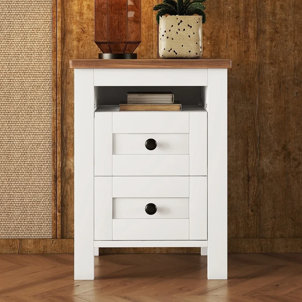 Double Drawer Farmhouse Wooden Bedside Table with Symmetrical Design, Smooth Lines, and Wooden Side Table with Storage Cabinet