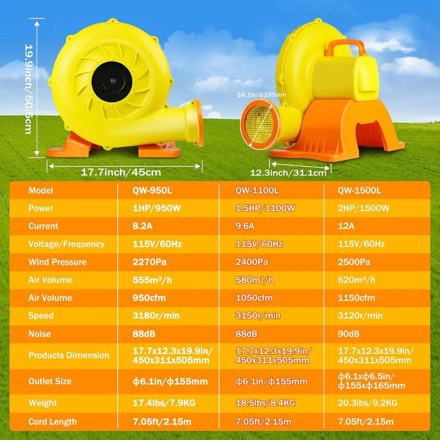 1100W 1.5HP 業務用インフレータブルバウンスハウスブロワー、屋外用バウンスハウス、ウォータースライド、エアソファ、塗装ブースなどに最適