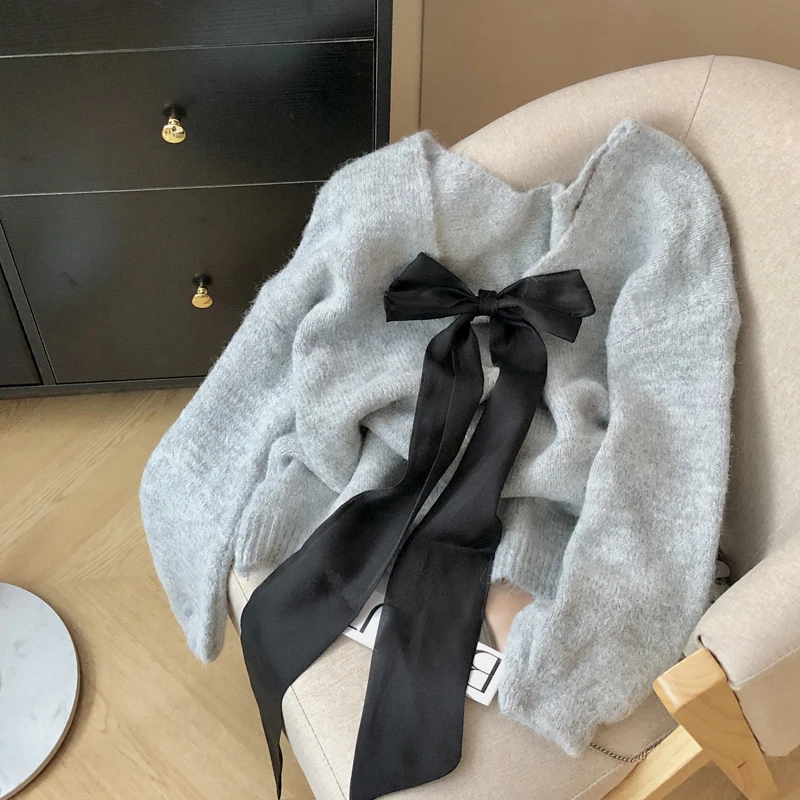 

Корейский свитер с узлом Bal, женский свободный утягивающий вязаный топ Camel V-Ne Long Sve, осень-зима