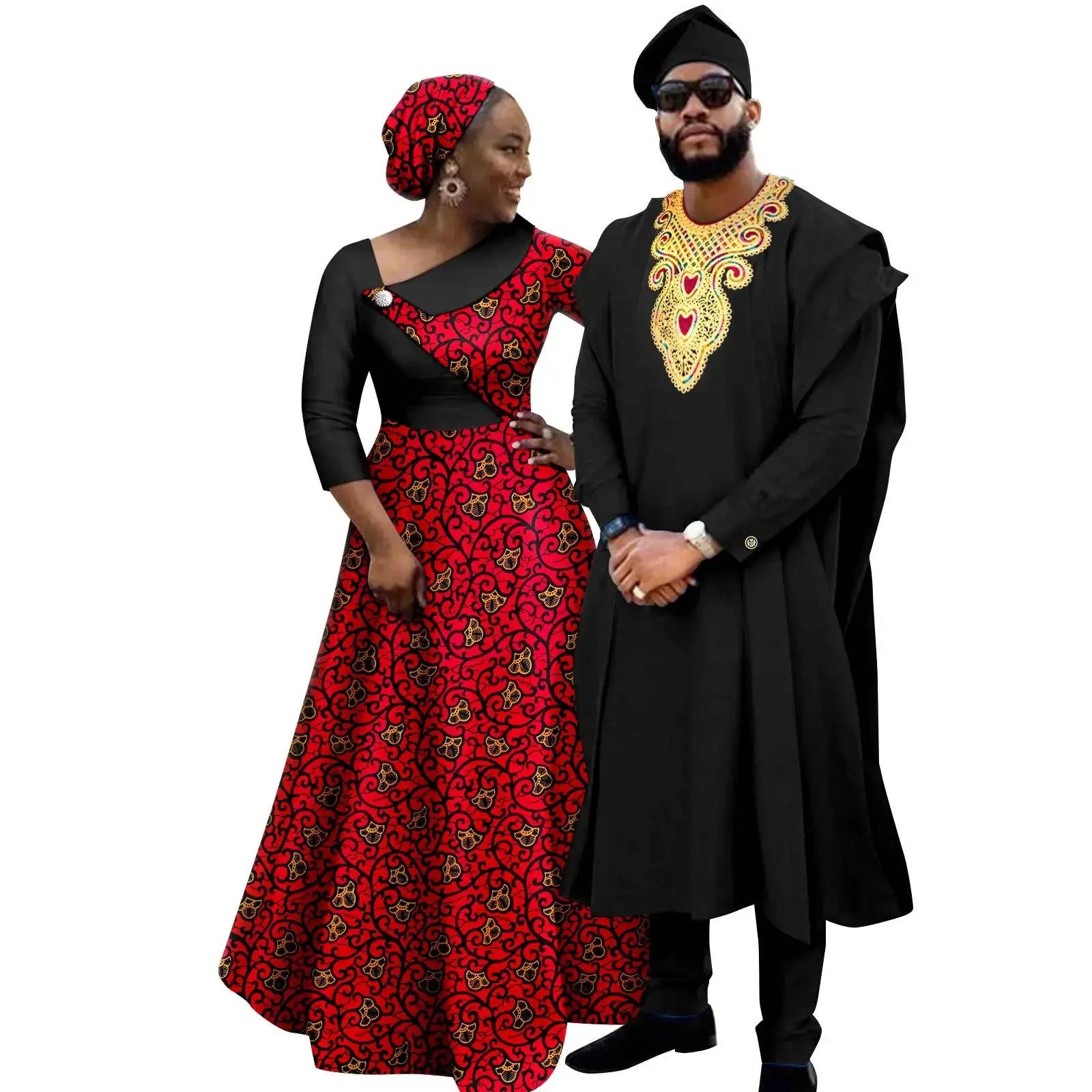 

High End Privite Custom Fashion African Print Batik Cotton Couples Set Women's Dress + Men's Set Bride and Groom Wedding Dress