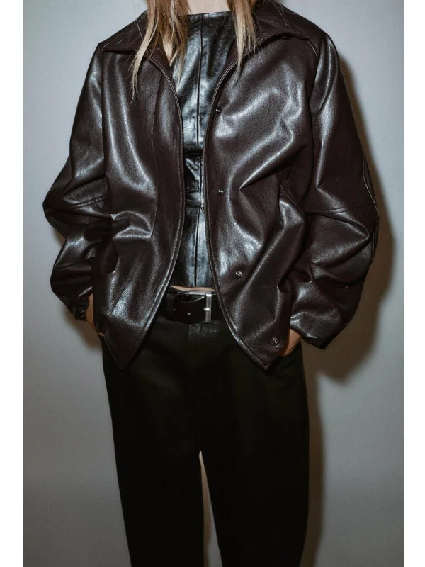 Damska kurtka ze sztucznej skóry w stylu casual, długa, ze stójką, płaszcz ze sztucznej skóry, nowość na jesień i zimę, 638025