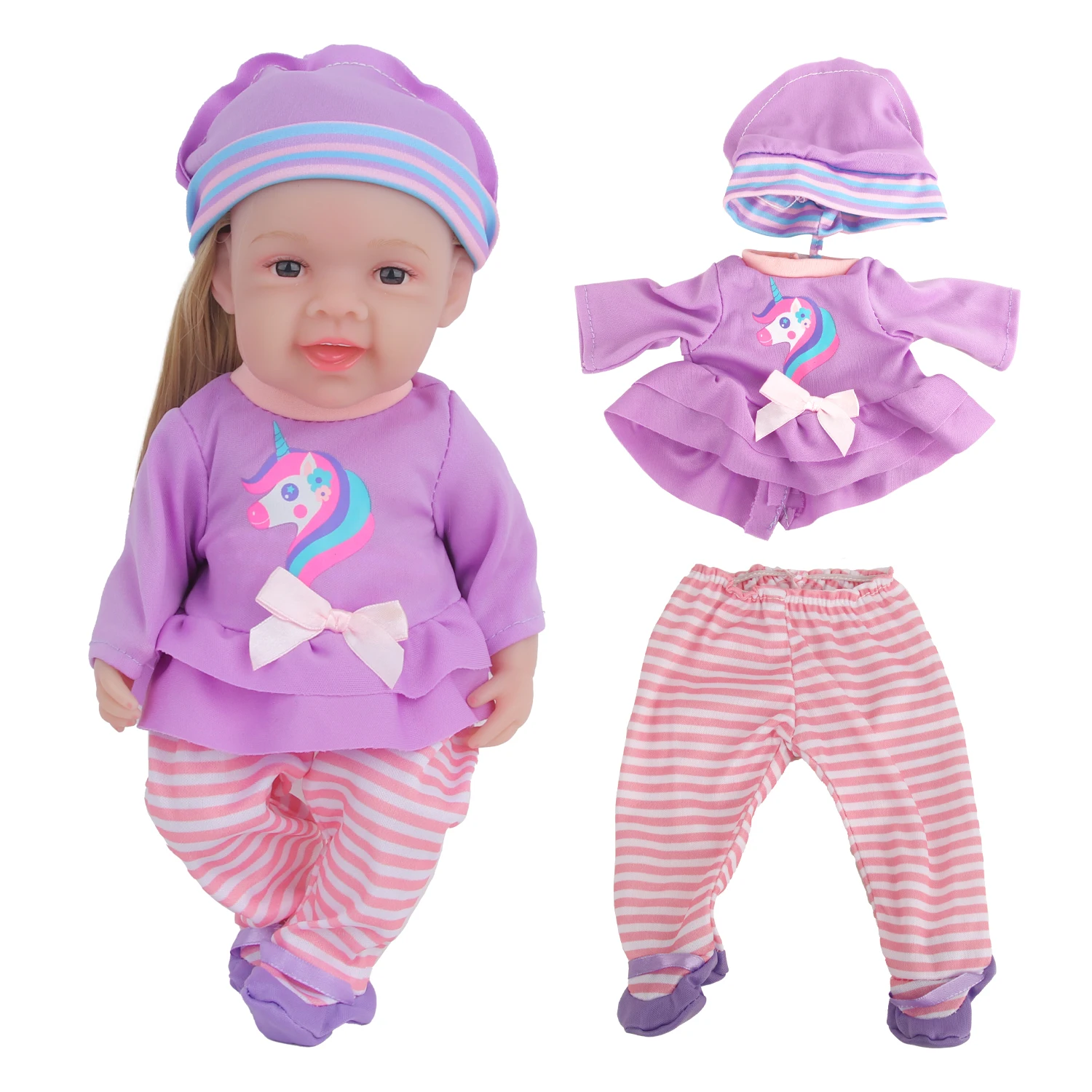 12 Inches Doll Clothes Set Cute Purple Unicorn Clothes+Hat+Pants  Doll Suit For DIY Doll Accessories Toy