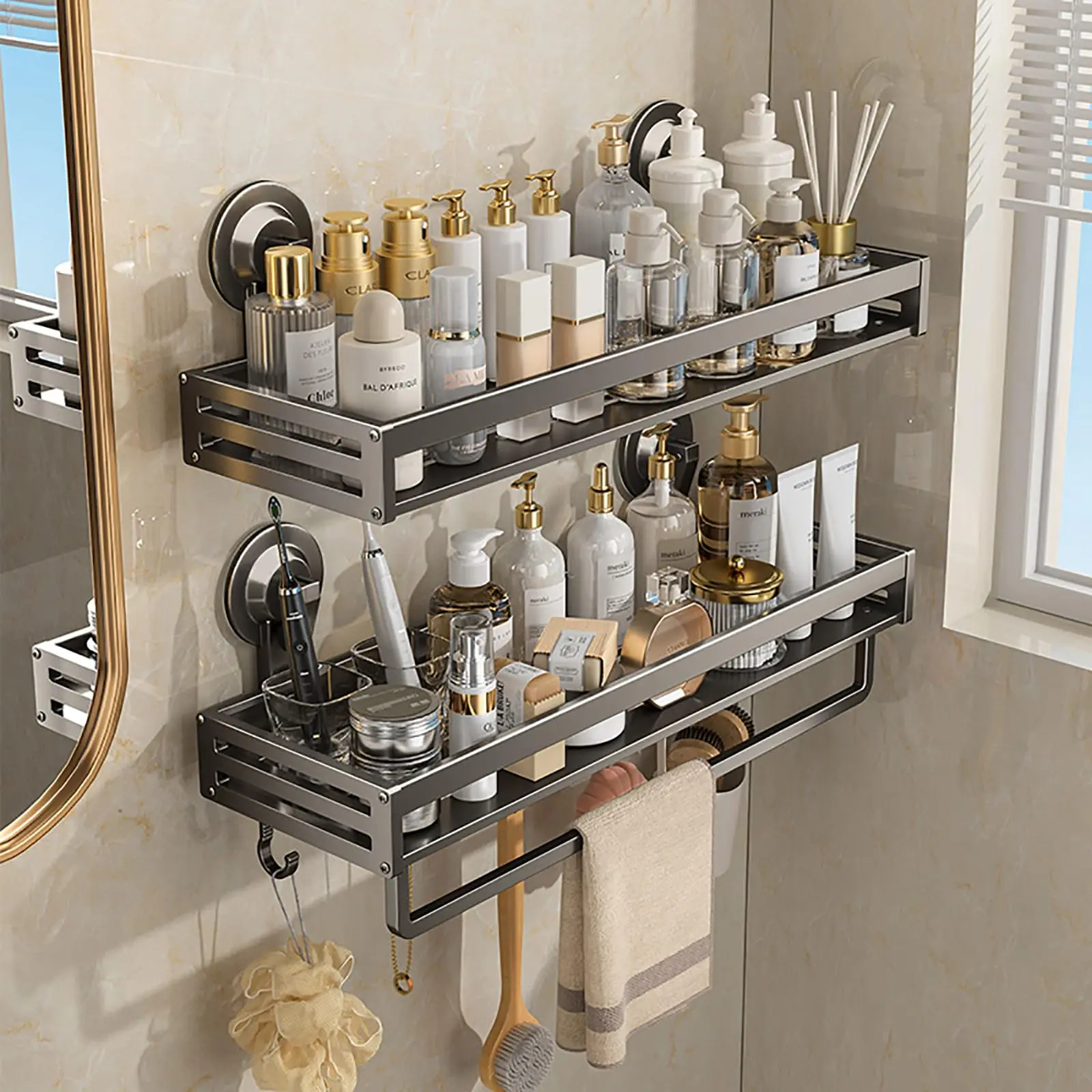 

Two-Tier Suction Cup Shower Organizer With Towel Bar And Hooks, Removable Wall Mount Bathroom Shelf, Waterproof Storage For