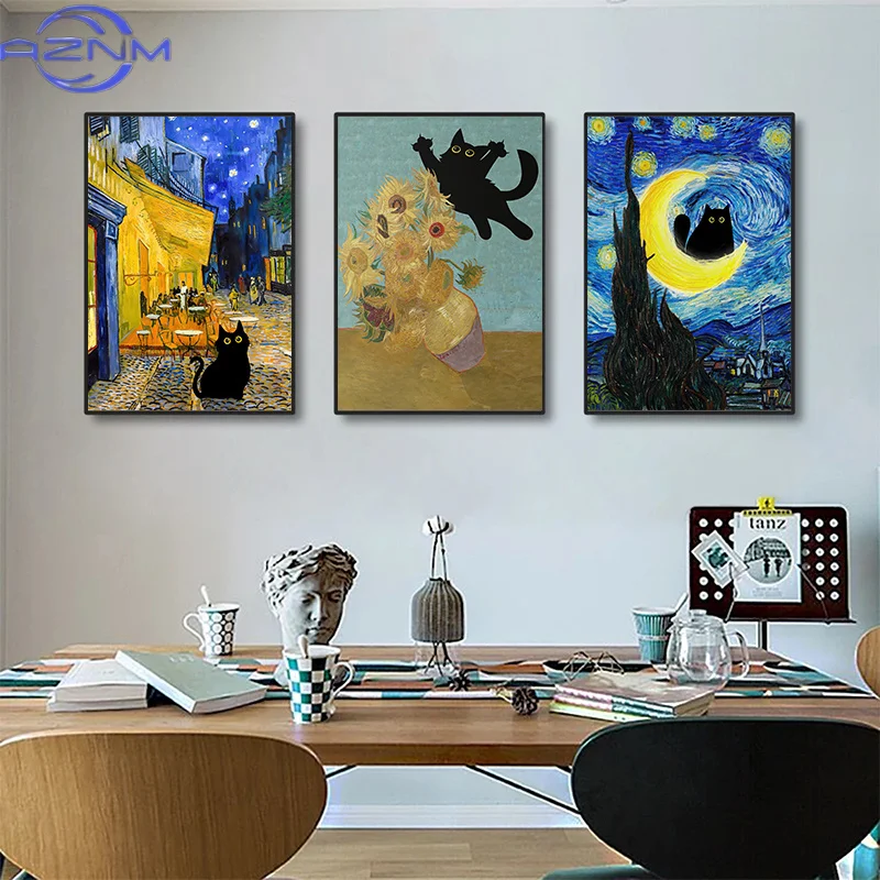 Famous Paintings Mona Lisa Starry Night With Funny Black Cat Poster Canvas Painting Sunflower Reproduction Wall Art Home Decor