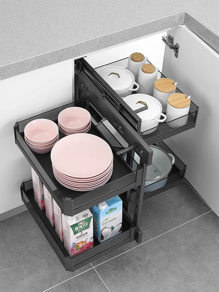Corner pull basket full pull out little monster kitchen cabinet multi-function rotating corner pot rack storage