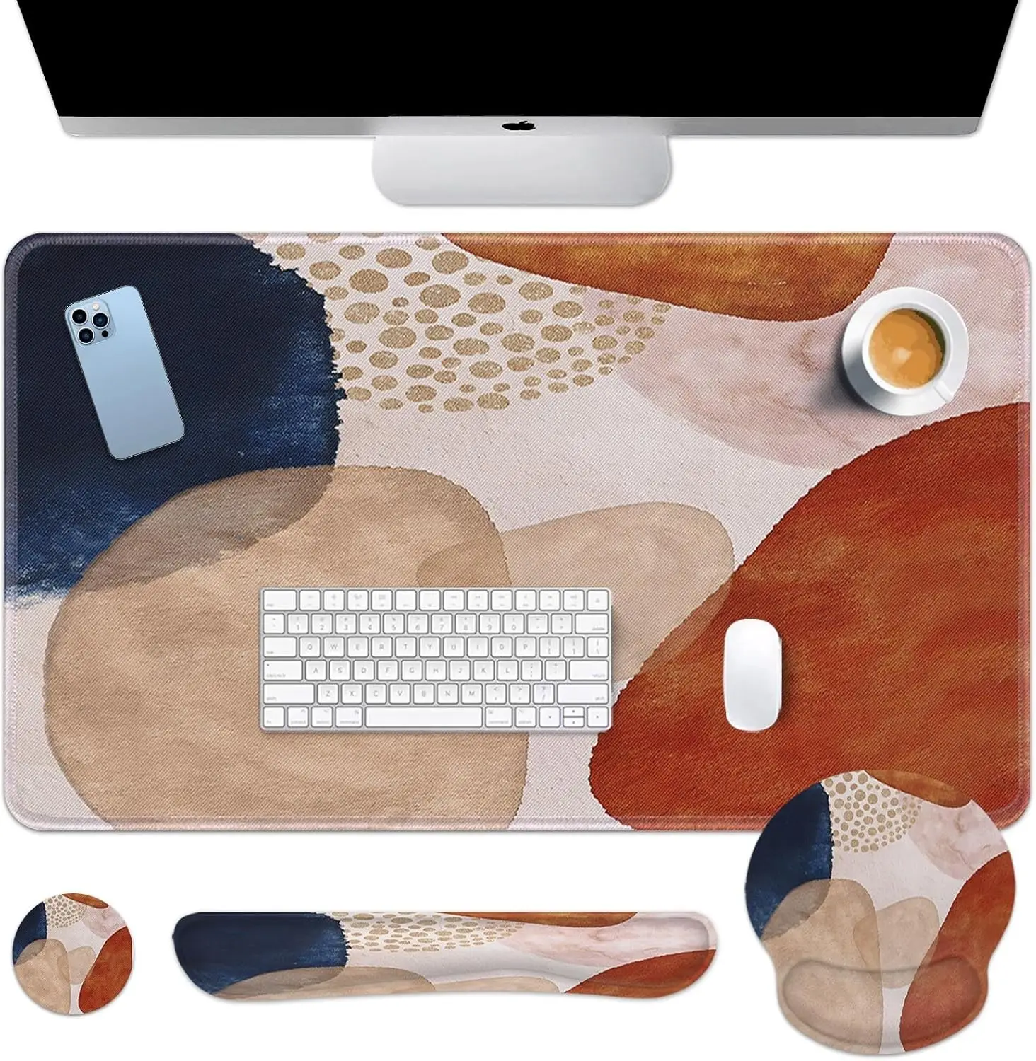 Abstract Boho Keyboard Mouse Pad Set 4in1 Large Mousepad+Keyboard Wrist Rest+Mouse Wrist Rest+Coaster Set with Ergonomi