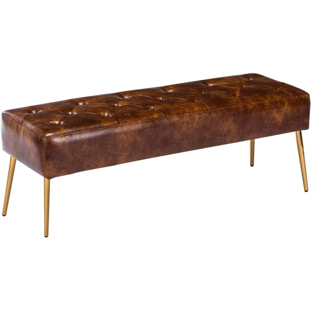 

Button-Tufted Ottoman Bench, Upholstered Bedroom Benches with Gold Legs Faux Leather Bench for Entryway Dining Room Living Room