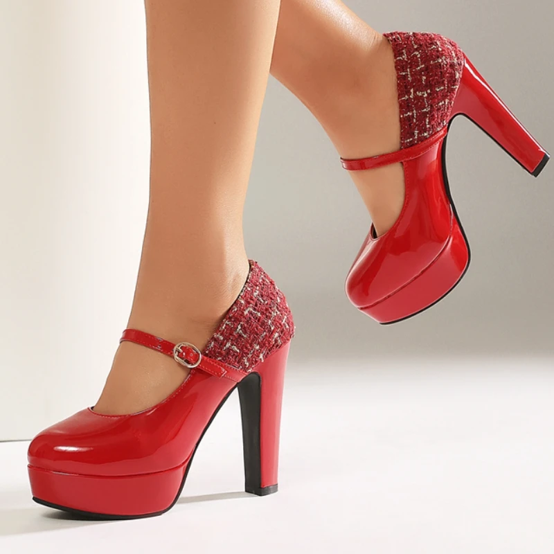 Women's High Heels Pumps Shoes Big Size 48 Platform toe Sexy Patchwork Red Blue Block Heeled Wedding Dress Dance Shoes Lady