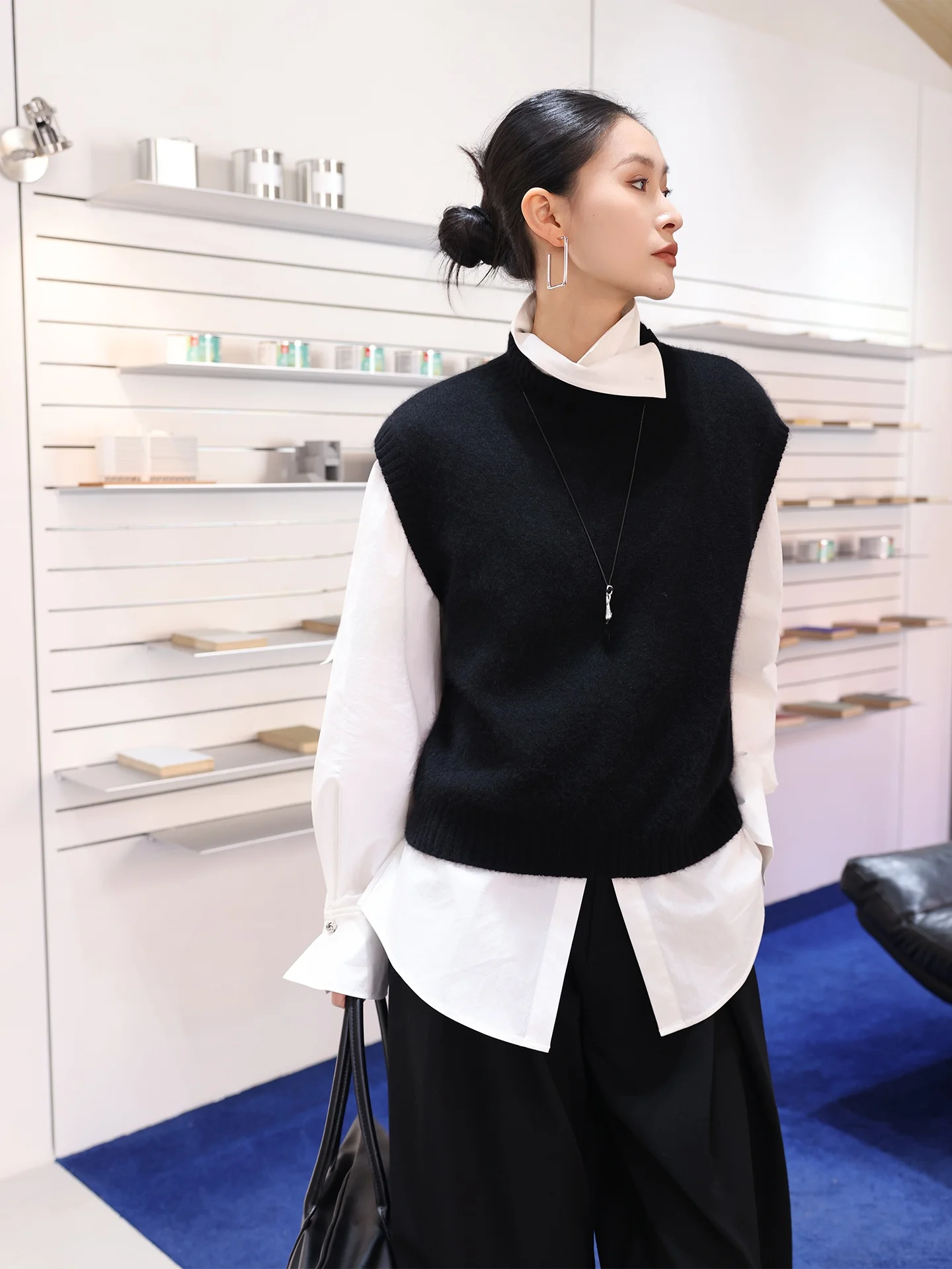

JIEJI Zhang Qi Spring Layering oulder Drop Bla Knitted Sweater Vest Ribbed Collar Mixed Fiber Vest 35565 Casual Sle Wo...
