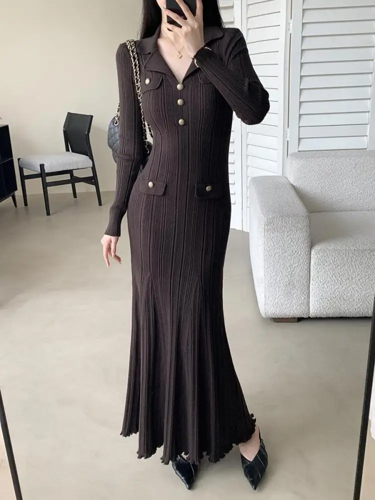 Femmes coréennes marron élégant à manches longues robes à revers automne hiver tentation mince Festival queue de poisson robe tricotée 2025 Simple