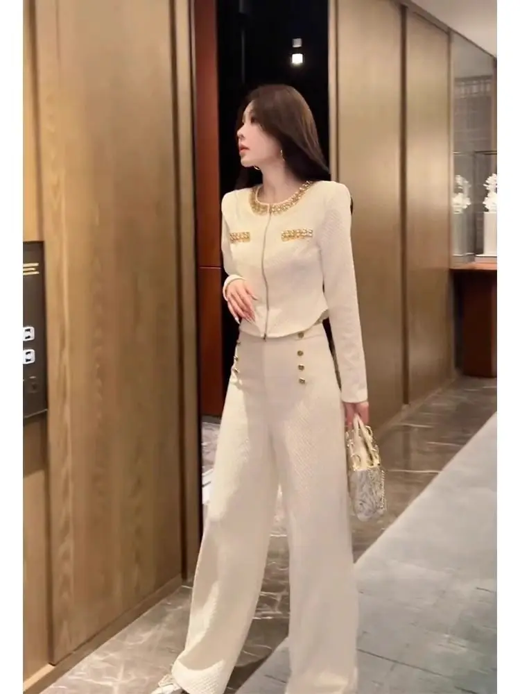 Woman's Fragrance Bright Silk Stitching Texture Blazer Wide-leg Pants Set Retro Contrast Round Neck Suit  Two-piece Sets