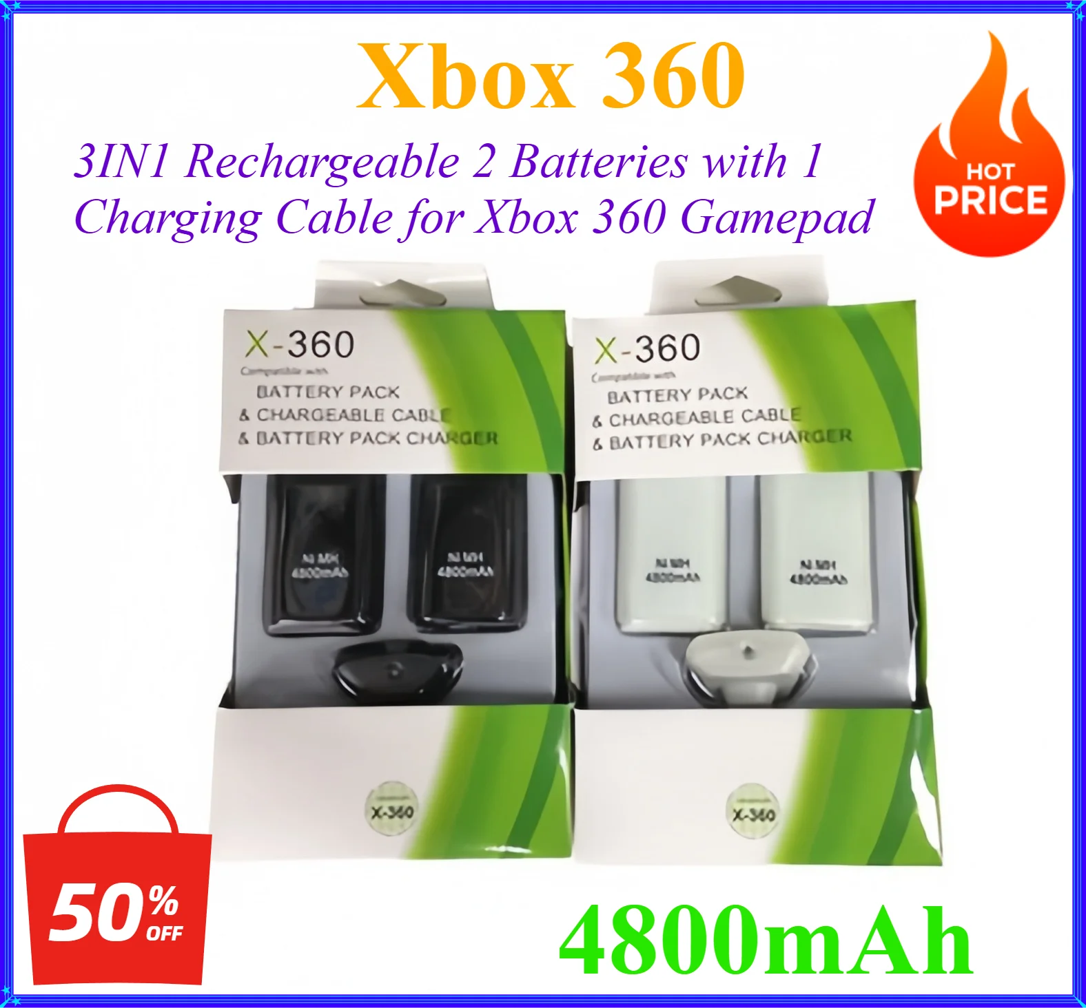 3IN 1 4800mAh Rechargeable 2 Batteries with 1 Charging Cable for Xbox 360 Gamepad Batteries Wireless Controller Battery