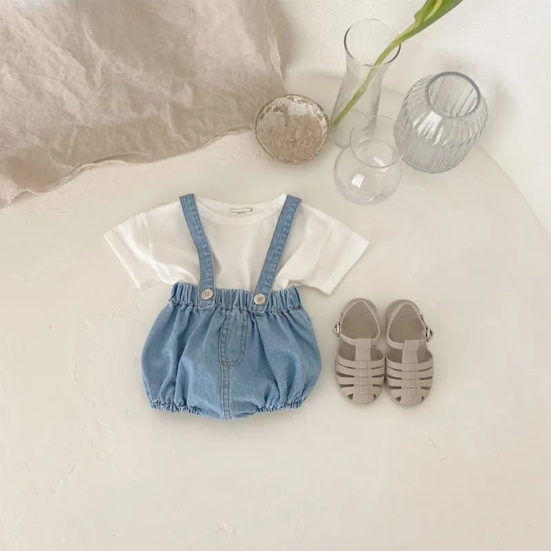 0-3y Baby Denim Overalls Jungen einfache feste lose ärmellose Bodysuit Baby Mädchen Kleidung Kinder Mode Stram pler Bibbed Shorts