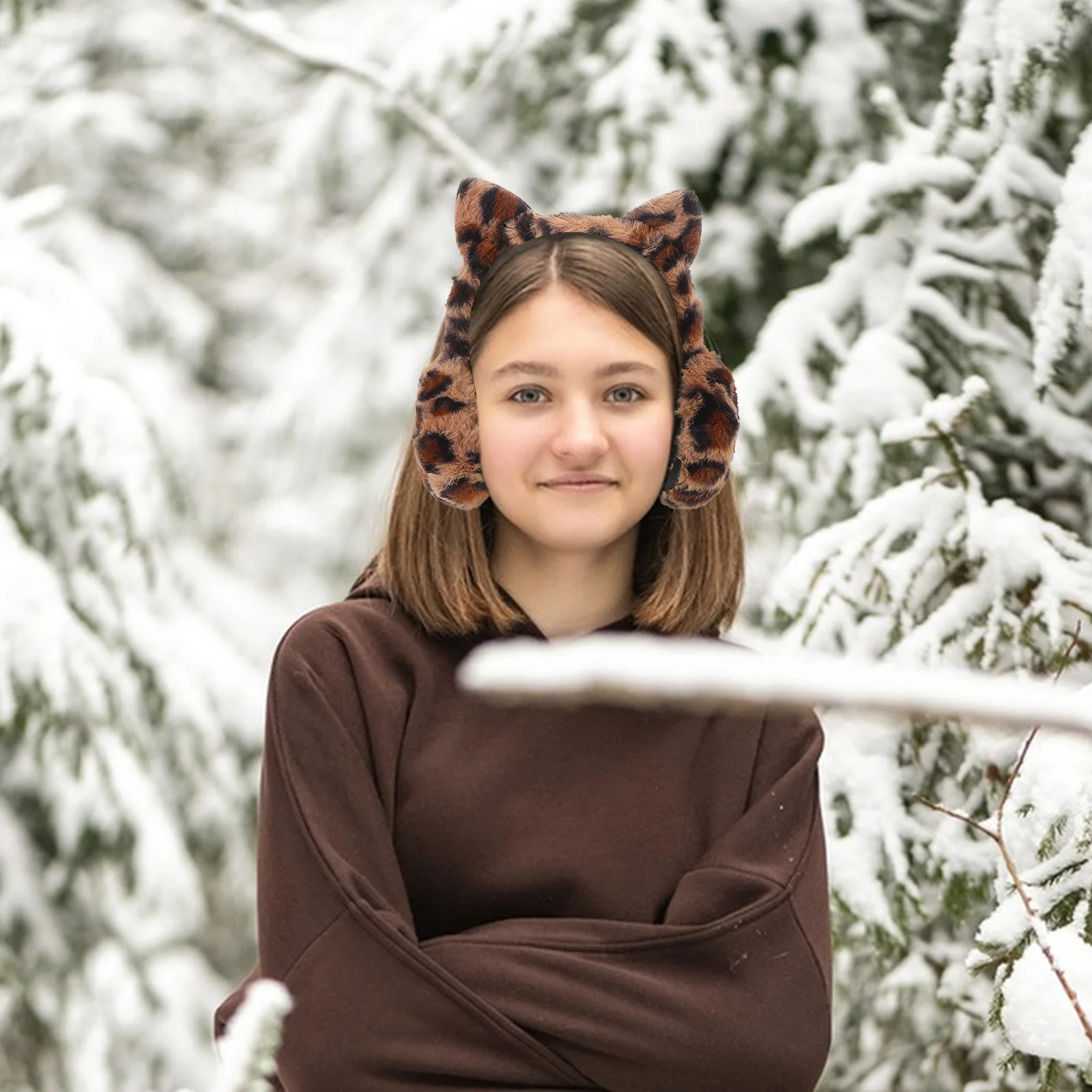 Tiara feminina de pele sintética com estampa de leopardo, pelúcia artificial para crianças de inverno