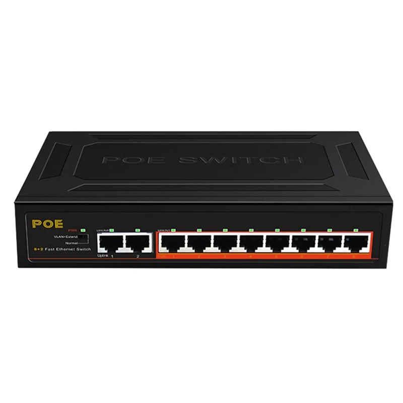 

10 Ports POE Switch 100Mbps Ethernet Smart Switch 8 PoE+2 UpLink Office Home Network Hub Adapter for IP Camera-US Plug